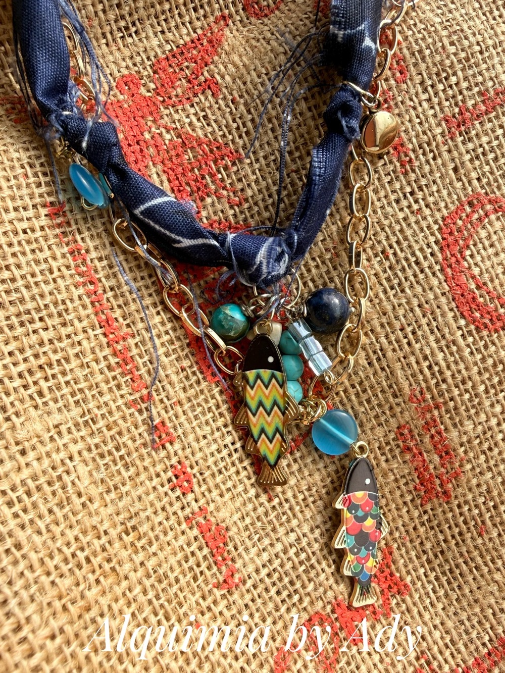 Navy bandanna & Gold Layered Necklace with Multicolor Fish Charms